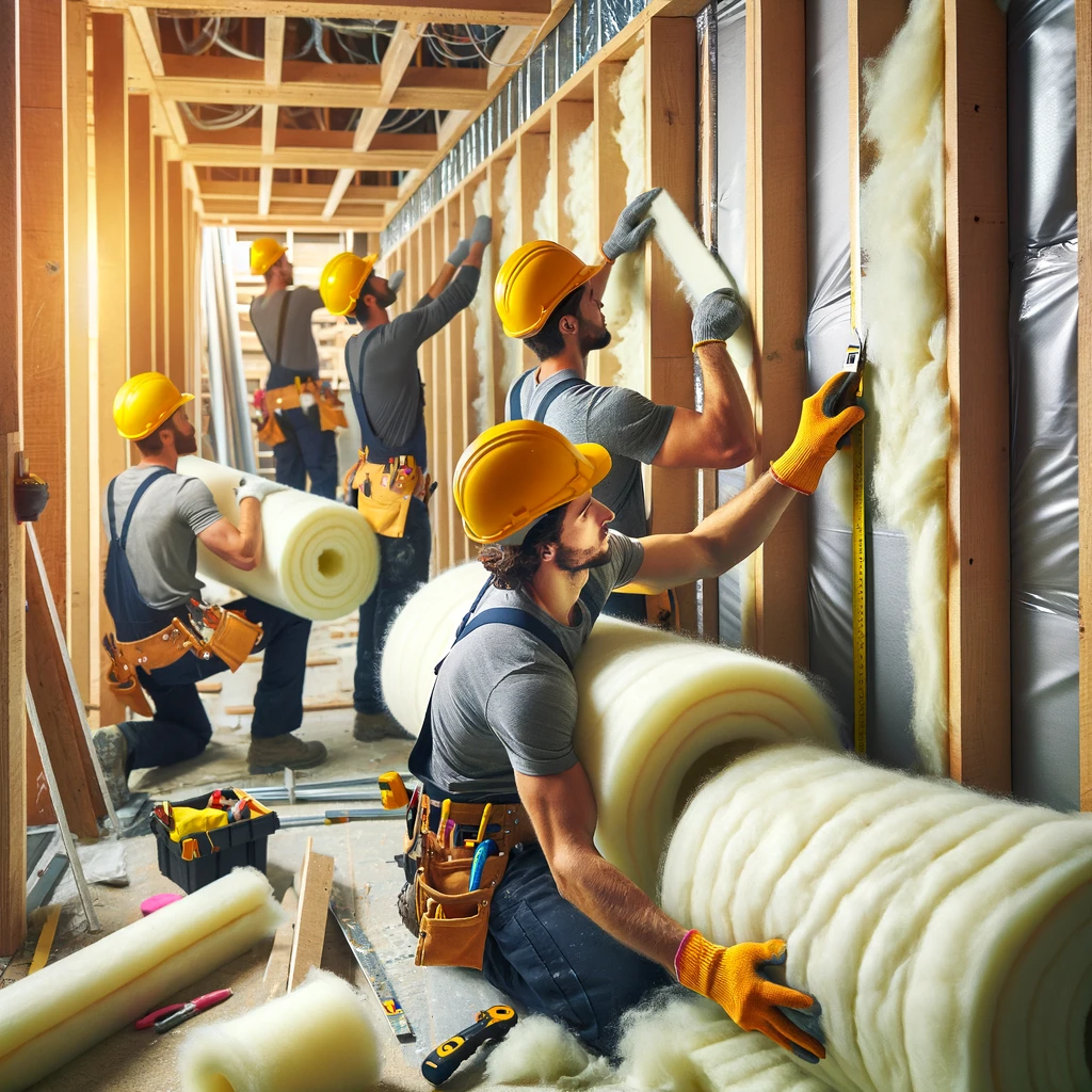 DALL·E 2024-04-06 11.41.20 - A group of construction workers, wearing safety helmets and gloves, are installing rolls of fiberglass insulation between the studs of a drywall panel