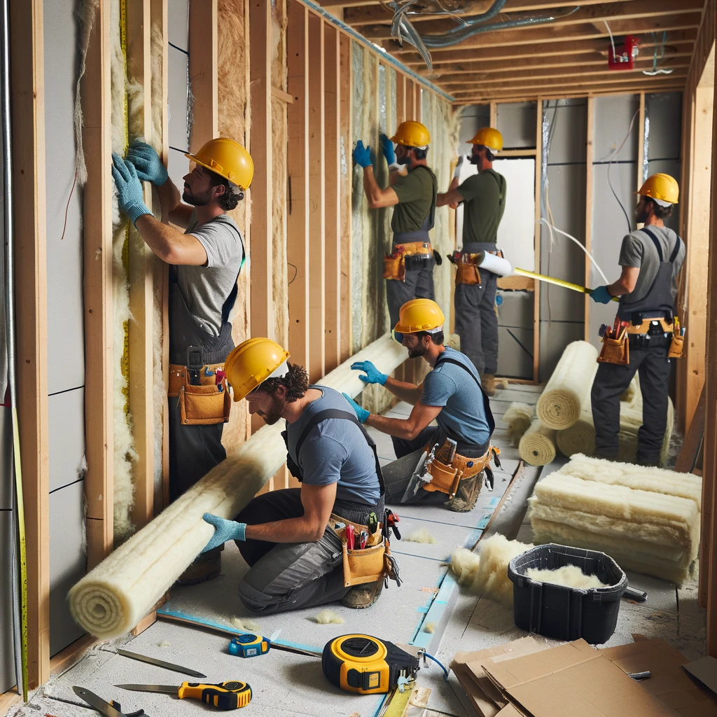 DALL·E 2024-04-06 11.41.25 - A group of construction workers, wearing safety helmets and gloves, are installing rolls of fiberglass insulation between the studs of a drywall panel