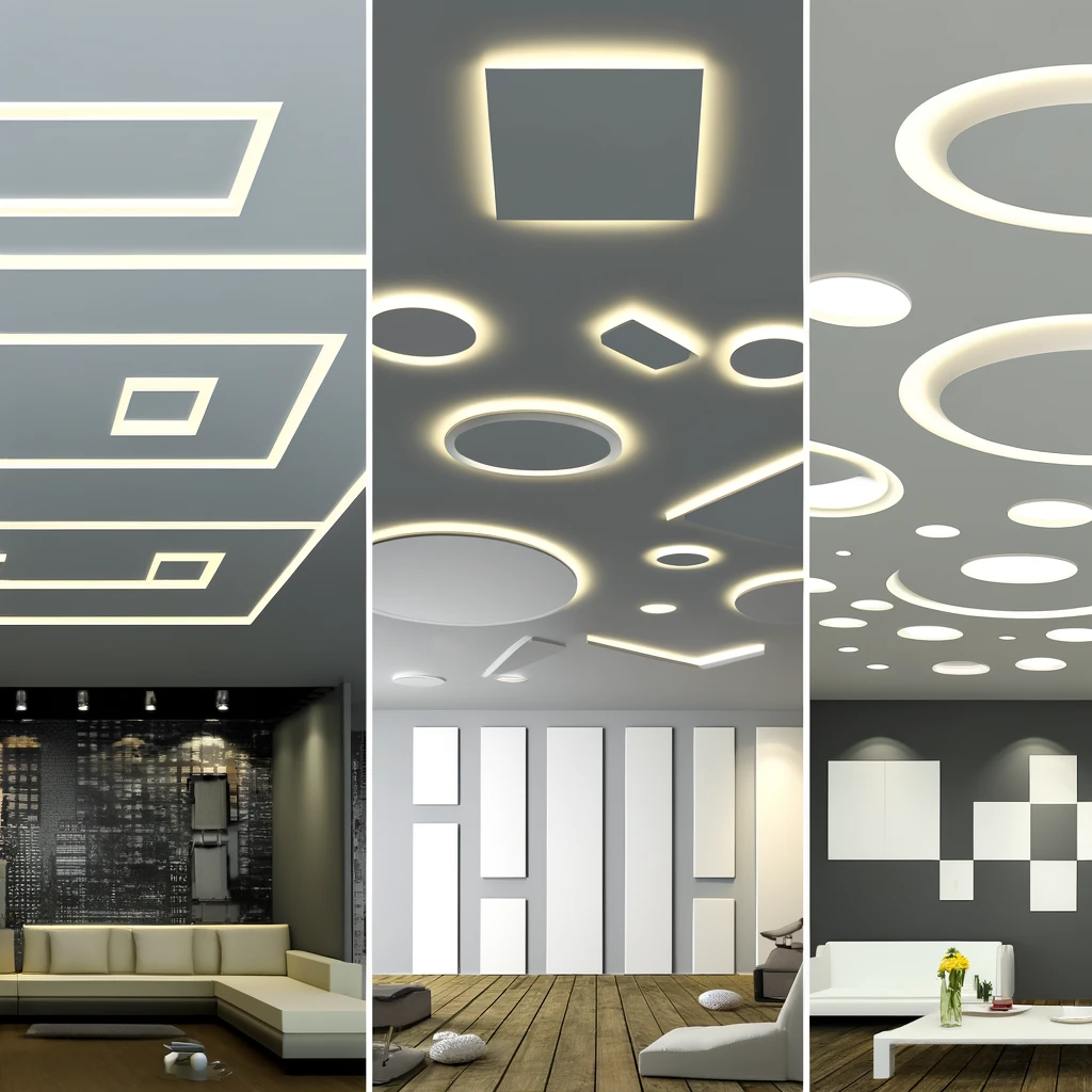 DALL·E 2024-05-02 13.18.15 - An image showing various designs of plasterboard ceilings for home interiors. 1) A clean and minimalistic design with rectangular and square shapes ar