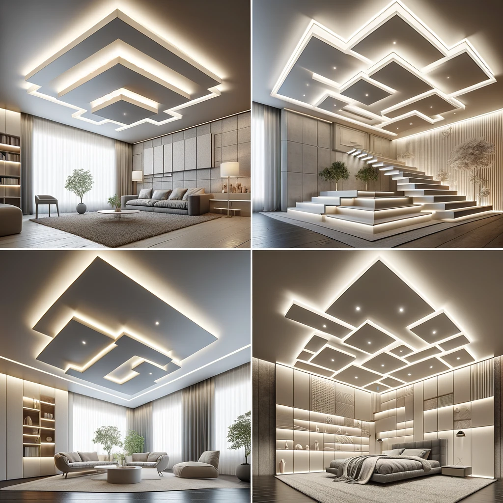 DALL·E 2024-05-02 13.19.53 - An image showcasing various designs of multi-level plasterboard ceilings for home interiors. 1) A stepped ceiling with panels at different heights, cr