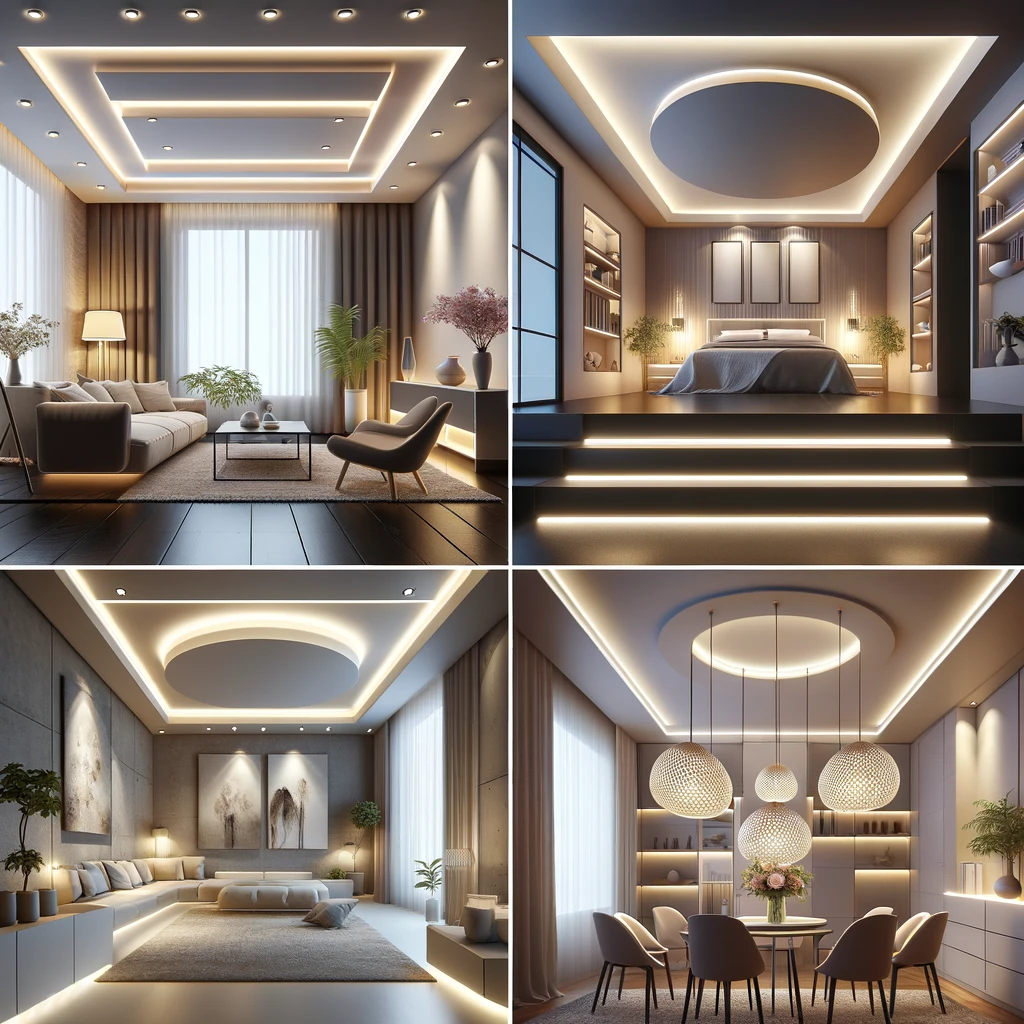 DALL·E 2024-05-02 13.23.06 - An image illustrating various types of integrated lighting in plasterboard ceilings for home interiors. 1) A living room with soft LED strip lights in